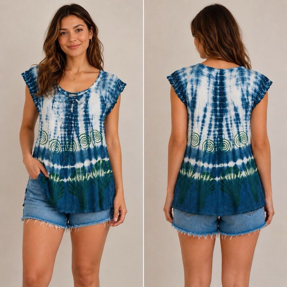 Advance Apparel Blue Tie Dye Embroidered Rayon Tunic Top Free Size Boho